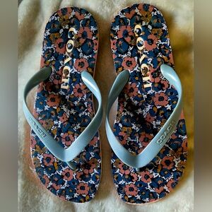 COACH Floral Print Flip Flops in Blue and Pink